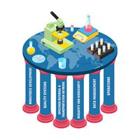 Illustration of pillars supporting a tabletop full of laboratory items.